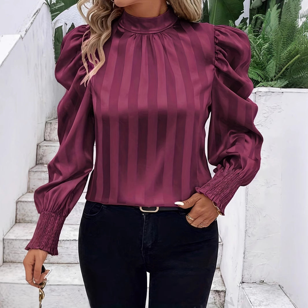 Solid Color Stand-up Collar Long Sleeve Shirt Women
