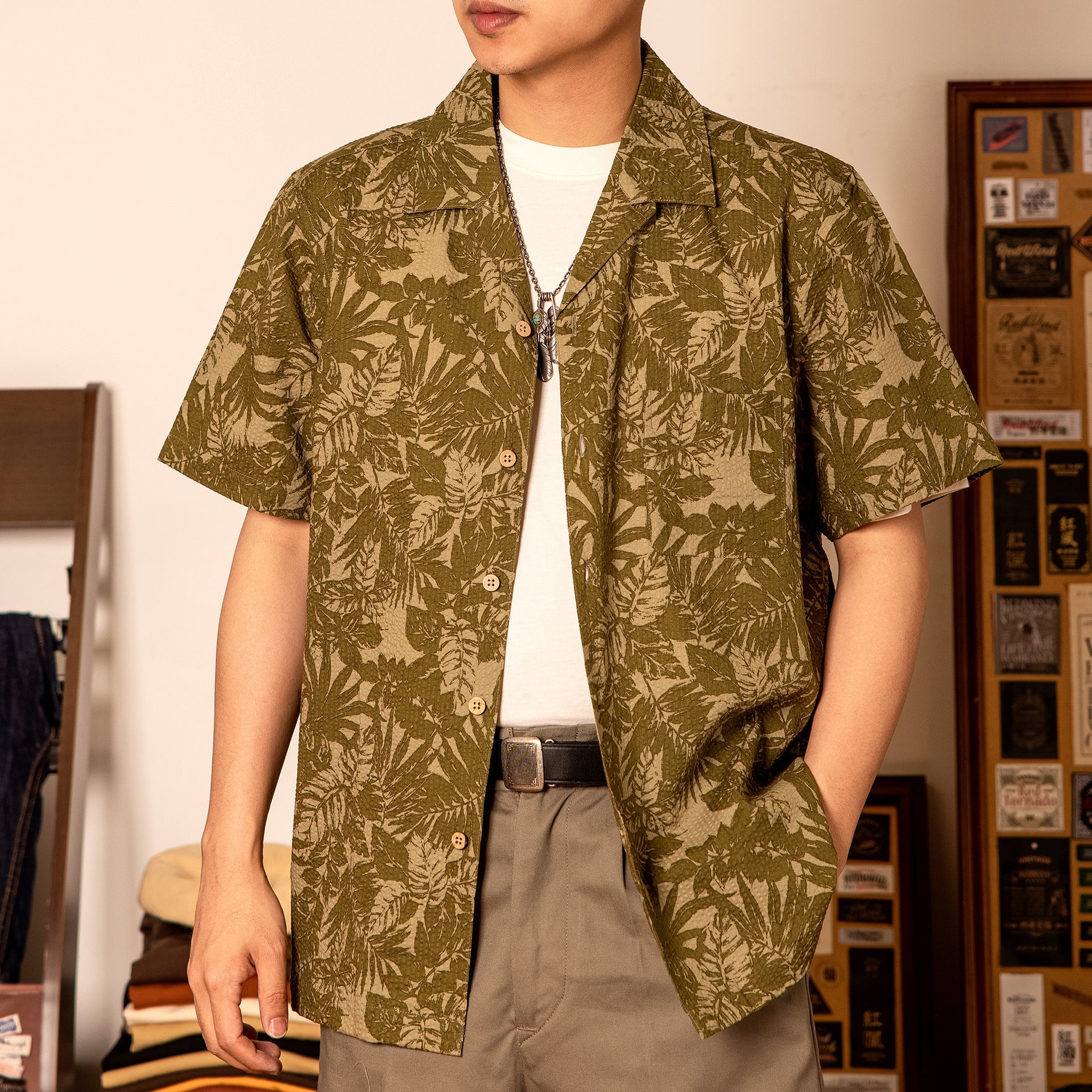 Vintage Printed Seersucker Cuban Collar Shirt