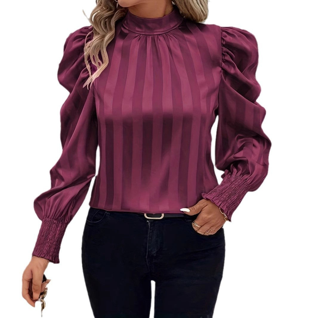 Solid Color Stand-up Collar Long Sleeve Shirt Women